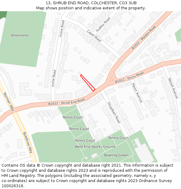 13, SHRUB END ROAD, COLCHESTER, CO3 3UB: Location map and indicative extent of plot