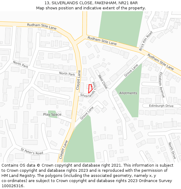 13, SILVERLANDS CLOSE, FAKENHAM, NR21 8AR: Location map and indicative extent of plot
