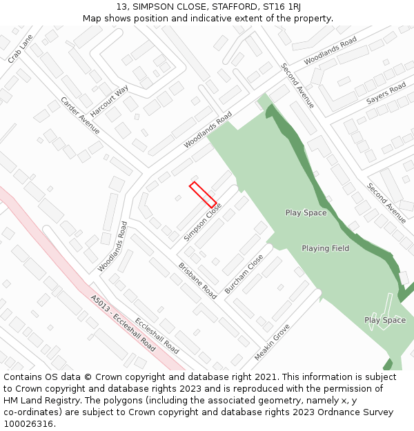 13, SIMPSON CLOSE, STAFFORD, ST16 1RJ: Location map and indicative extent of plot