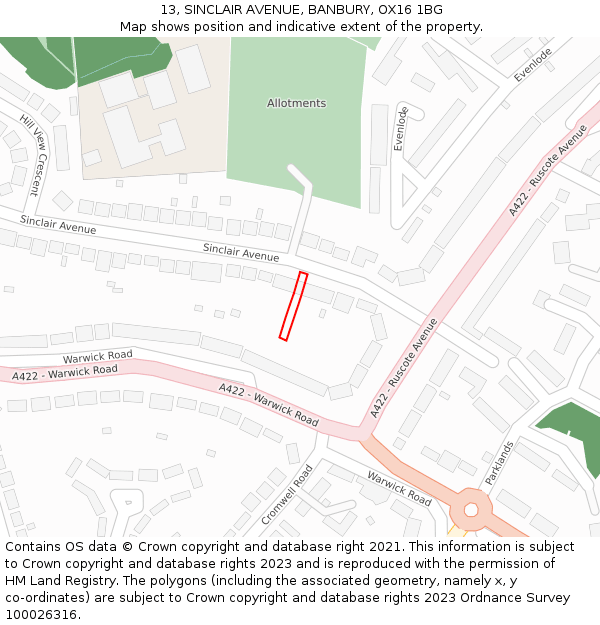 13, SINCLAIR AVENUE, BANBURY, OX16 1BG: Location map and indicative extent of plot