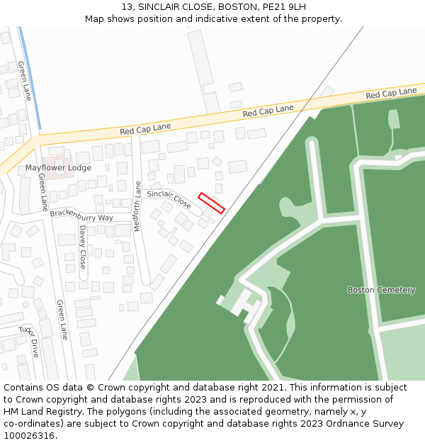 13, SINCLAIR CLOSE, BOSTON, PE21 9LH: Location map and indicative extent of plot