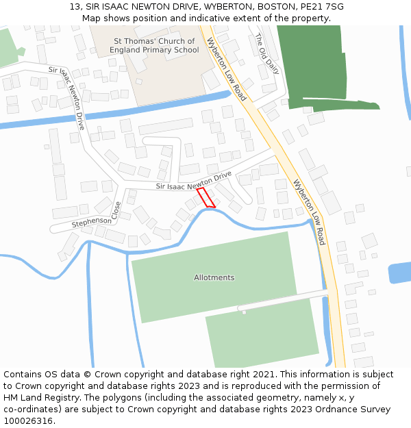 13, SIR ISAAC NEWTON DRIVE, WYBERTON, BOSTON, PE21 7SG: Location map and indicative extent of plot