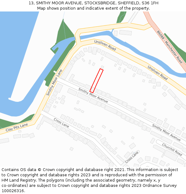 13, SMITHY MOOR AVENUE, STOCKSBRIDGE, SHEFFIELD, S36 1FH: Location map and indicative extent of plot