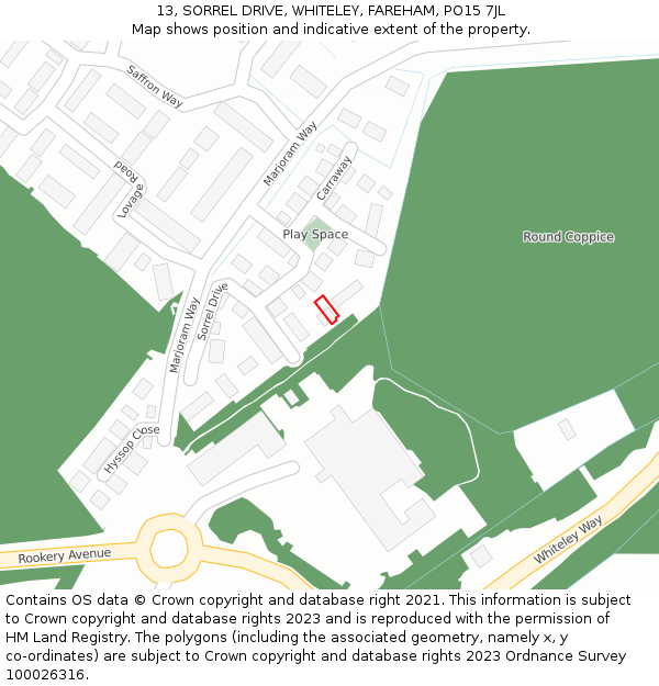 13, SORREL DRIVE, WHITELEY, FAREHAM, PO15 7JL: Location map and indicative extent of plot