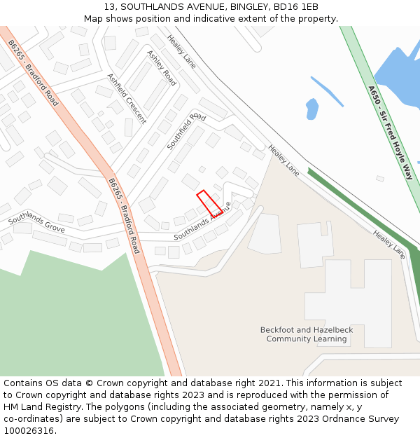 13, SOUTHLANDS AVENUE, BINGLEY, BD16 1EB: Location map and indicative extent of plot