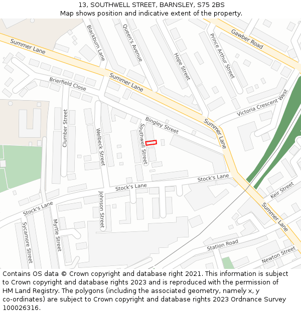 13, SOUTHWELL STREET, BARNSLEY, S75 2BS: Location map and indicative extent of plot