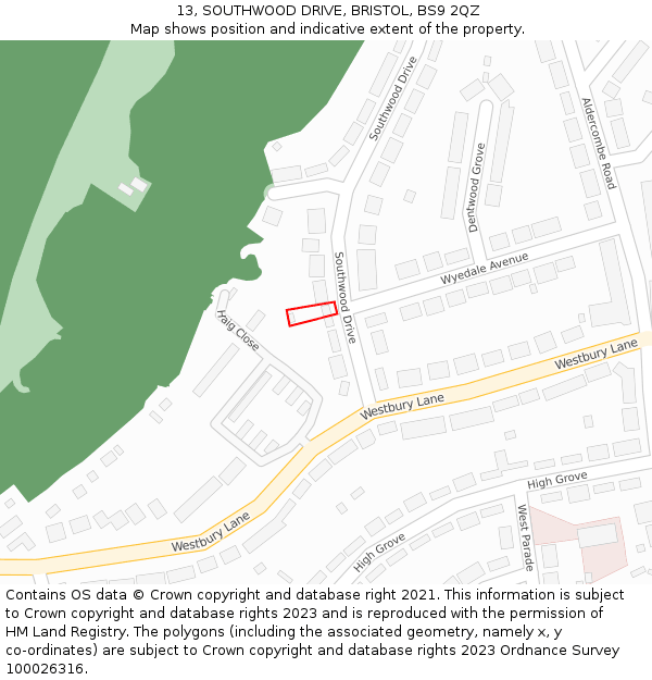 13, SOUTHWOOD DRIVE, BRISTOL, BS9 2QZ: Location map and indicative extent of plot