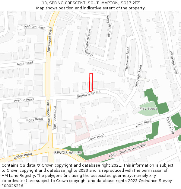 13, SPRING CRESCENT, SOUTHAMPTON, SO17 2FZ: Location map and indicative extent of plot