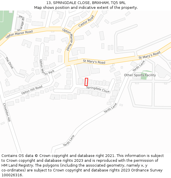 13, SPRINGDALE CLOSE, BRIXHAM, TQ5 9RL: Location map and indicative extent of plot