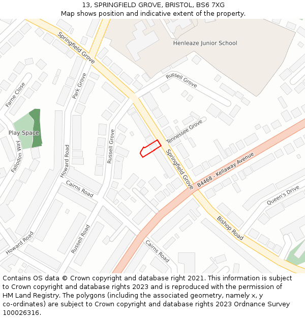 13, SPRINGFIELD GROVE, BRISTOL, BS6 7XG: Location map and indicative extent of plot