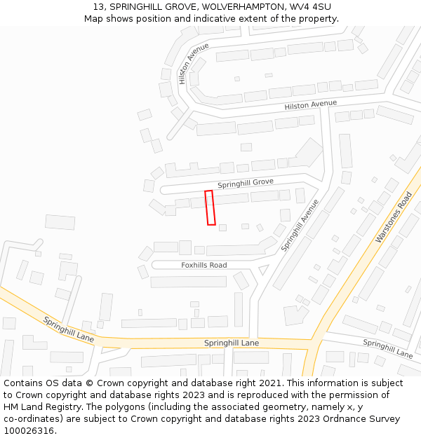 13, SPRINGHILL GROVE, WOLVERHAMPTON, WV4 4SU: Location map and indicative extent of plot