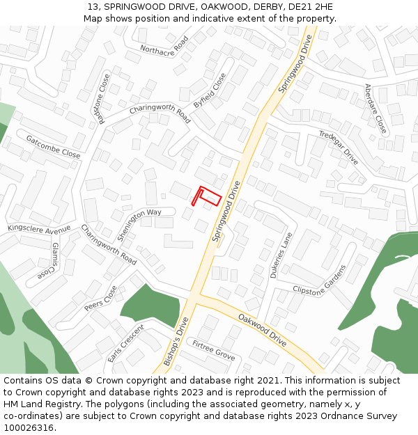 13, SPRINGWOOD DRIVE, OAKWOOD, DERBY, DE21 2HE: Location map and indicative extent of plot