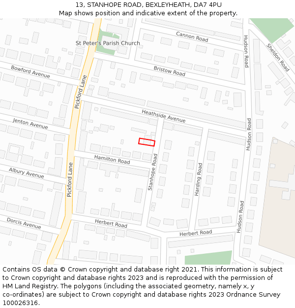 13, STANHOPE ROAD, BEXLEYHEATH, DA7 4PU: Location map and indicative extent of plot