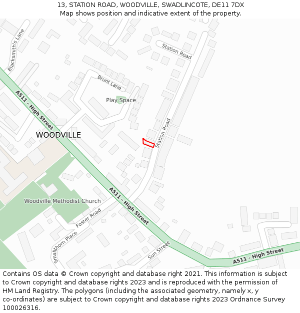 13, STATION ROAD, WOODVILLE, SWADLINCOTE, DE11 7DX: Location map and indicative extent of plot