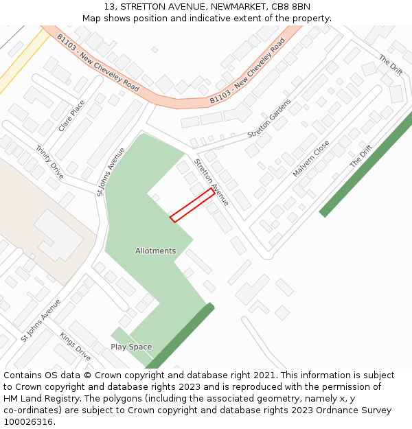 13, STRETTON AVENUE, NEWMARKET, CB8 8BN: Location map and indicative extent of plot