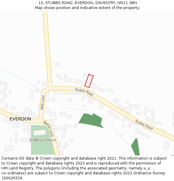 13, STUBBS ROAD, EVERDON, DAVENTRY, NN11 3BN: Location map and indicative extent of plot