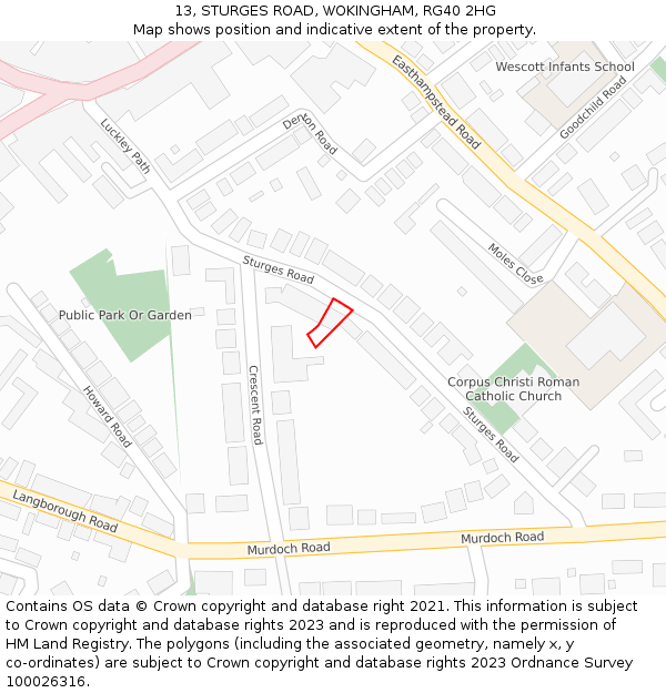 13, STURGES ROAD, WOKINGHAM, RG40 2HG: Location map and indicative extent of plot