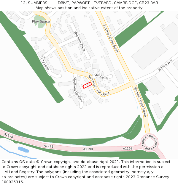 13, SUMMERS HILL DRIVE, PAPWORTH EVERARD, CAMBRIDGE, CB23 3AB: Location map and indicative extent of plot
