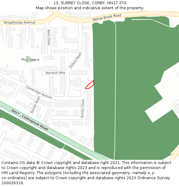 13, SURREY CLOSE, CORBY, NN17 2TG: Location map and indicative extent of plot
