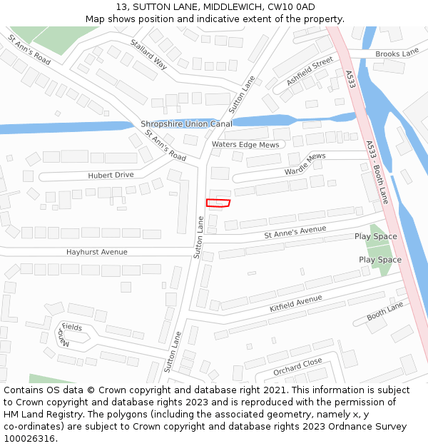 13, SUTTON LANE, MIDDLEWICH, CW10 0AD: Location map and indicative extent of plot