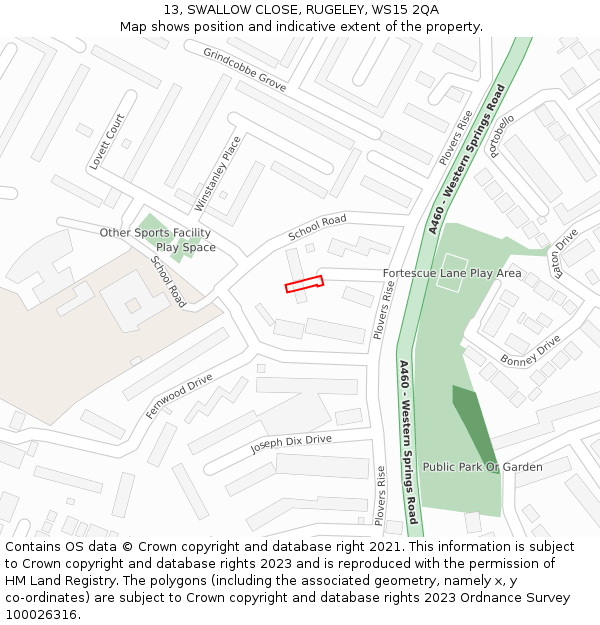 13, SWALLOW CLOSE, RUGELEY, WS15 2QA: Location map and indicative extent of plot