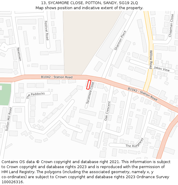 13, SYCAMORE CLOSE, POTTON, SANDY, SG19 2LQ: Location map and indicative extent of plot