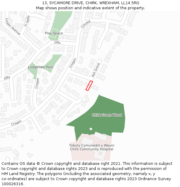 13, SYCAMORE DRIVE, CHIRK, WREXHAM, LL14 5RG: Location map and indicative extent of plot