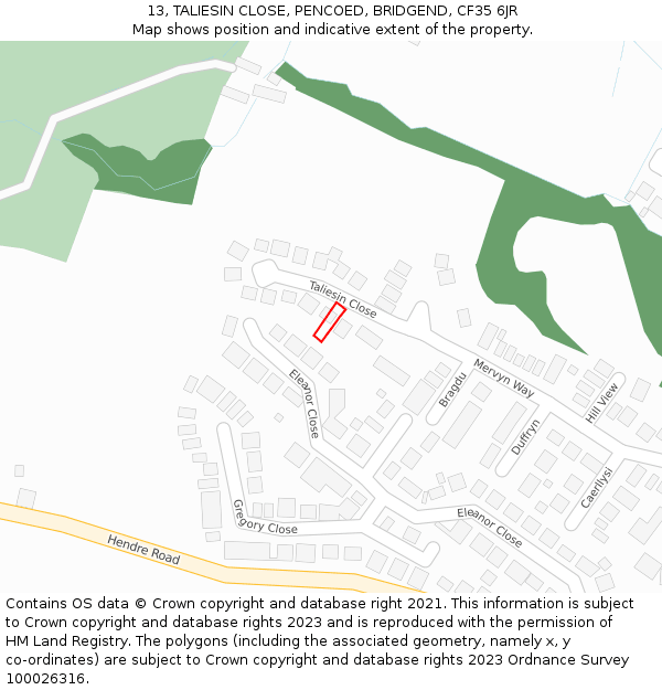 13, TALIESIN CLOSE, PENCOED, BRIDGEND, CF35 6JR: Location map and indicative extent of plot