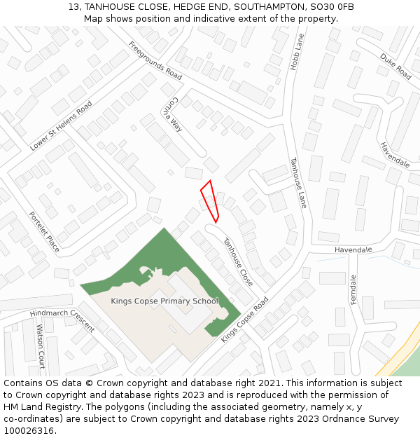 13, TANHOUSE CLOSE, HEDGE END, SOUTHAMPTON, SO30 0FB: Location map and indicative extent of plot