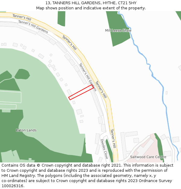 13, TANNERS HILL GARDENS, HYTHE, CT21 5HY: Location map and indicative extent of plot