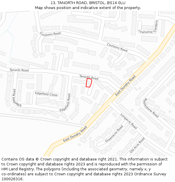 13, TANORTH ROAD, BRISTOL, BS14 0LU: Location map and indicative extent of plot
