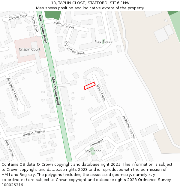 13, TAPLIN CLOSE, STAFFORD, ST16 1NW: Location map and indicative extent of plot