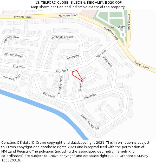 13, TELFORD CLOSE, SILSDEN, KEIGHLEY, BD20 0QF: Location map and indicative extent of plot