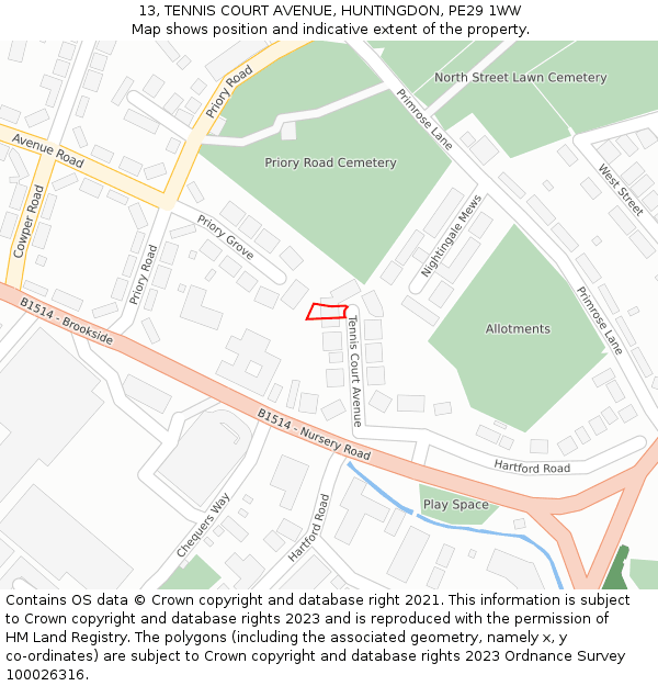 13, TENNIS COURT AVENUE, HUNTINGDON, PE29 1WW: Location map and indicative extent of plot