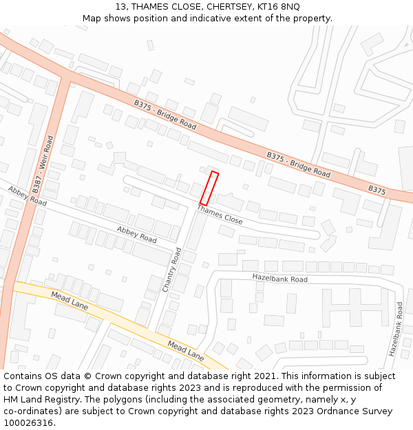 13, THAMES CLOSE, CHERTSEY, KT16 8NQ: Location map and indicative extent of plot