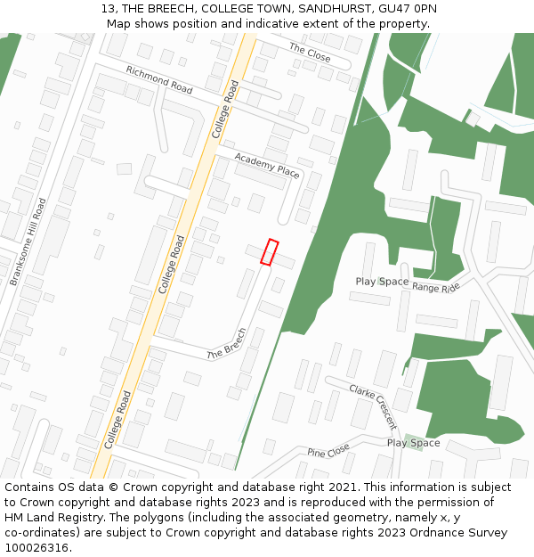 13, THE BREECH, COLLEGE TOWN, SANDHURST, GU47 0PN: Location map and indicative extent of plot