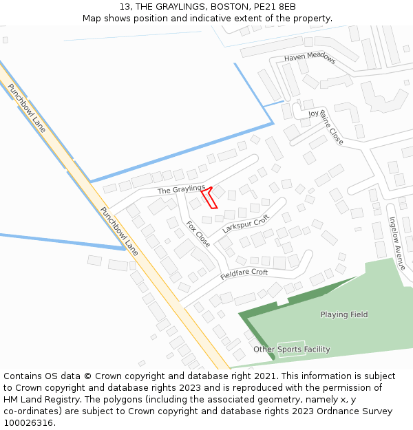 13, THE GRAYLINGS, BOSTON, PE21 8EB: Location map and indicative extent of plot