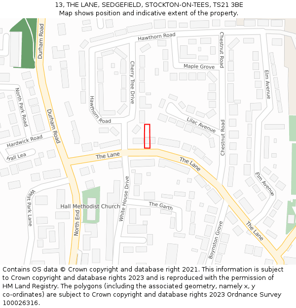13, THE LANE, SEDGEFIELD, STOCKTON-ON-TEES, TS21 3BE: Location map and indicative extent of plot