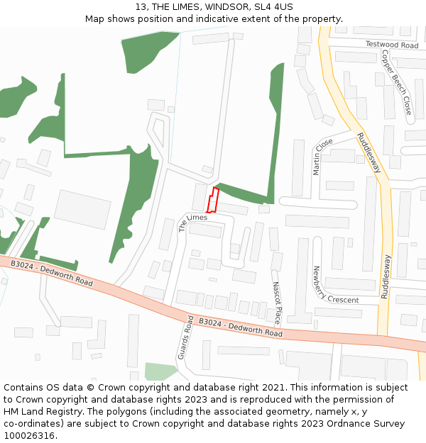 13, THE LIMES, WINDSOR, SL4 4US: Location map and indicative extent of plot