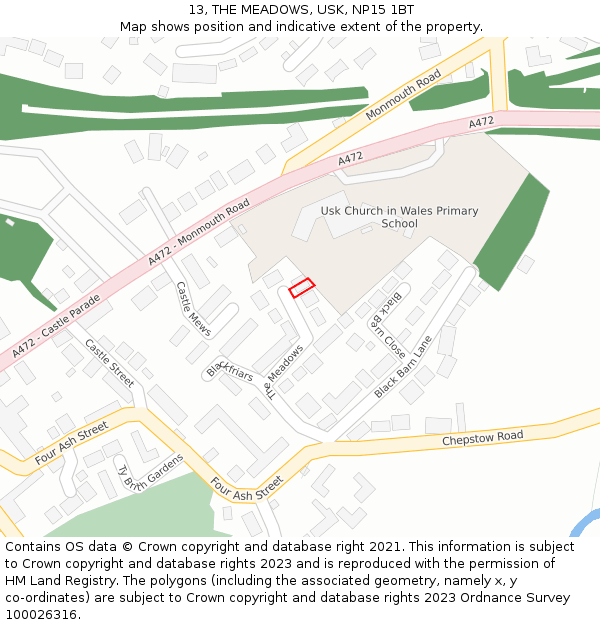 13, THE MEADOWS, USK, NP15 1BT: Location map and indicative extent of plot