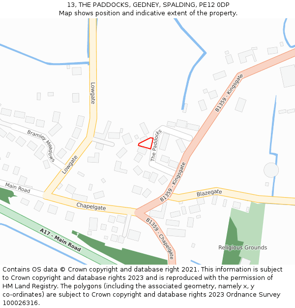 13, THE PADDOCKS, GEDNEY, SPALDING, PE12 0DP: Location map and indicative extent of plot