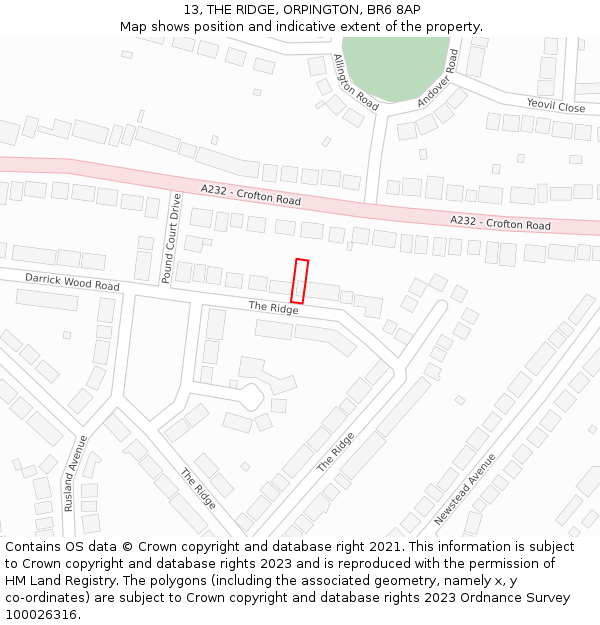 13, THE RIDGE, ORPINGTON, BR6 8AP: Location map and indicative extent of plot