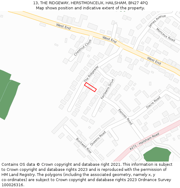 13, THE RIDGEWAY, HERSTMONCEUX, HAILSHAM, BN27 4PQ: Location map and indicative extent of plot