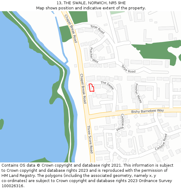 13, THE SWALE, NORWICH, NR5 9HE: Location map and indicative extent of plot