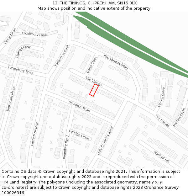 13, THE TININGS, CHIPPENHAM, SN15 3LX: Location map and indicative extent of plot
