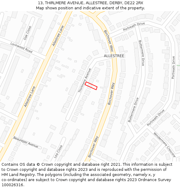 13, THIRLMERE AVENUE, ALLESTREE, DERBY, DE22 2RX: Location map and indicative extent of plot