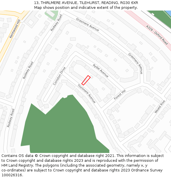 13, THIRLMERE AVENUE, TILEHURST, READING, RG30 6XR: Location map and indicative extent of plot