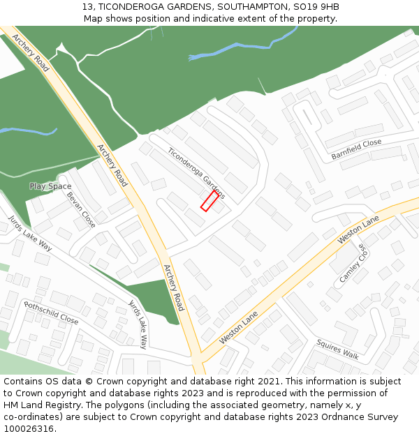 13, TICONDEROGA GARDENS, SOUTHAMPTON, SO19 9HB: Location map and indicative extent of plot