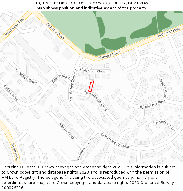 13, TIMBERSBROOK CLOSE, OAKWOOD, DERBY, DE21 2BW: Location map and indicative extent of plot