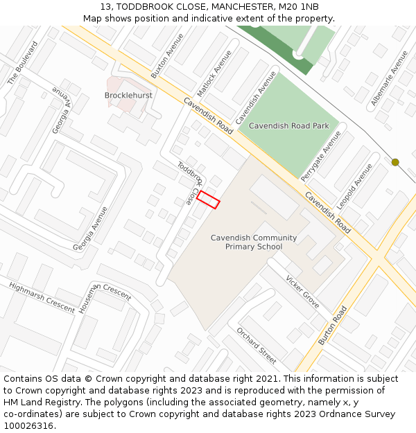 13, TODDBROOK CLOSE, MANCHESTER, M20 1NB: Location map and indicative extent of plot